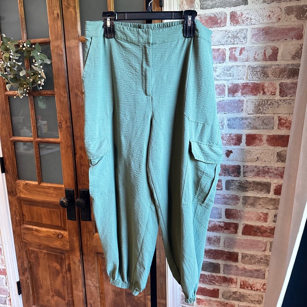 Sofia Jeans Pants Women Green Cargo Textured Tapered Leg Elastic Cuff L 12-14